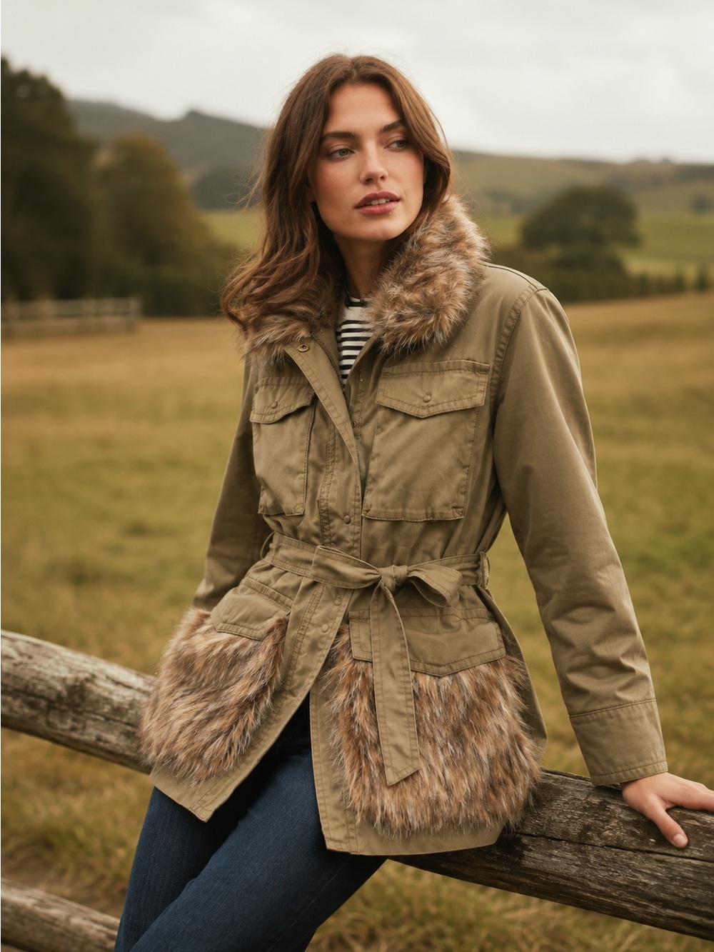 Anthropologie Faux Fur Trimmed Field Parka XS Khaki Green Utility Jacket Belted